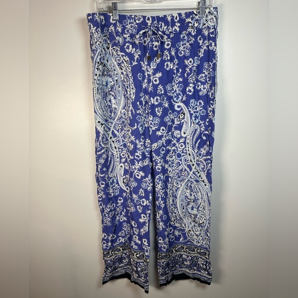 Artisan Ny Blue and White Floral Paisley Pants Boho Size Large - Picture 1 of 7
